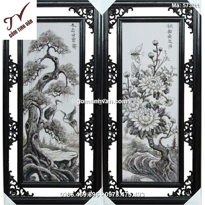 Tranh tứ quý Tùng - Cúc - Trúc - Mai đắp nổi màu đen - rộng 50cm - cao 85cm - 573011
