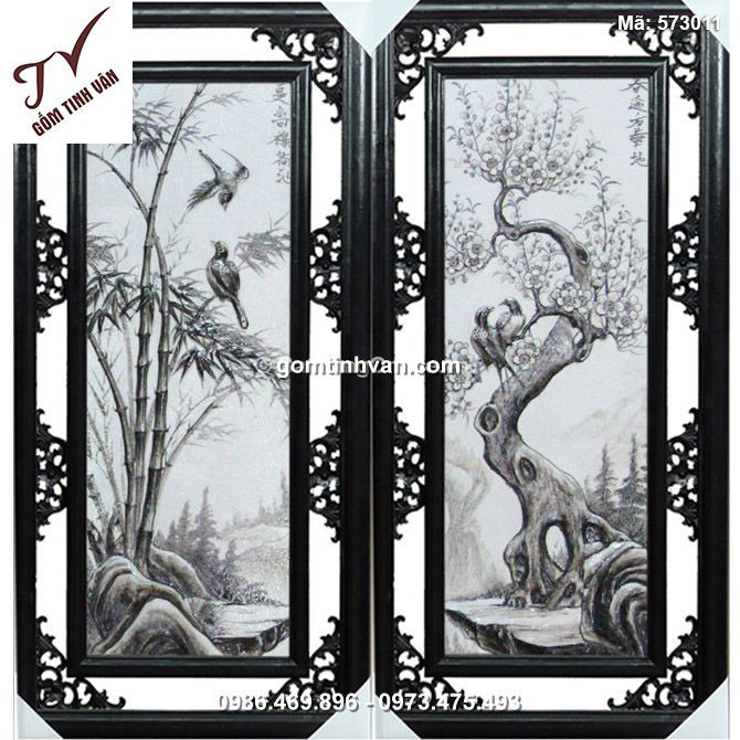 Tranh tứ quý Tùng - Cúc - Trúc - Mai đắp nổi màu đen - rộng 50cm - cao 85cm - 573011