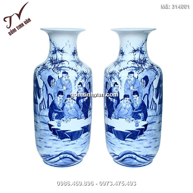 Tiểu lộc bình men lam vẽ trúc lâm thất hiền cao 55cm - 314001