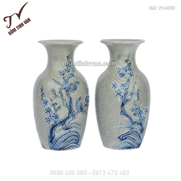 Tiểu lộc bình men rạn đắp nổi hoa đào màu xanh - 314030