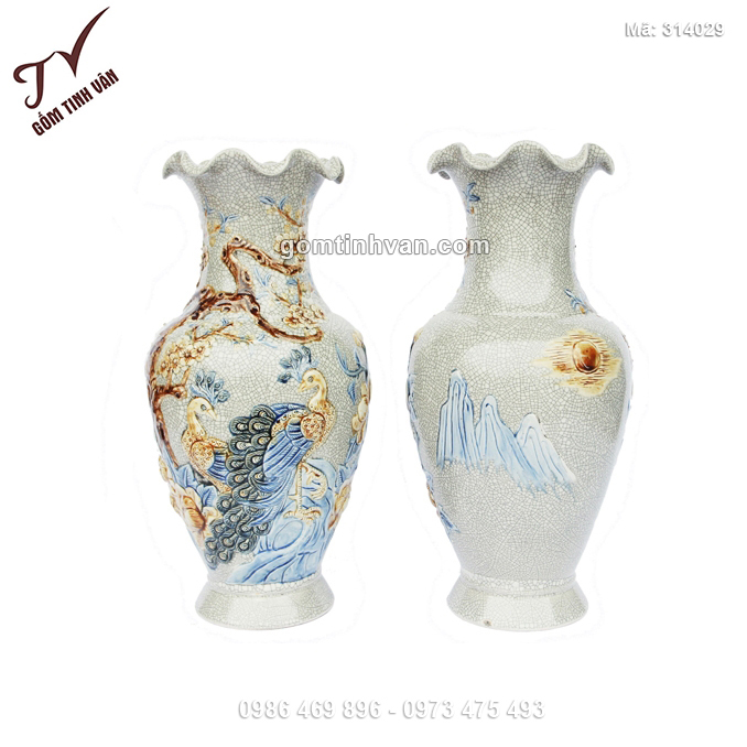 Tiểu lộc bình men rạn miệng loe đắp nổi chim công và hoa đào - 314029