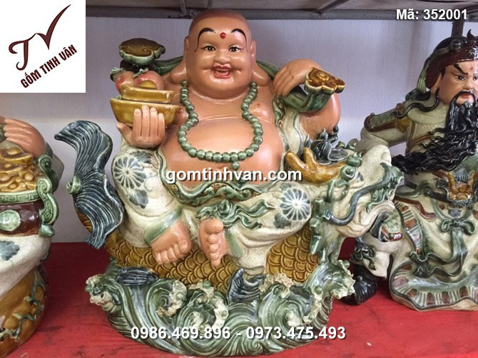 Tượng Di Lặc cưỡi cá chép hóa Rồng - men rạn cổ - cao 45 cm - 352001