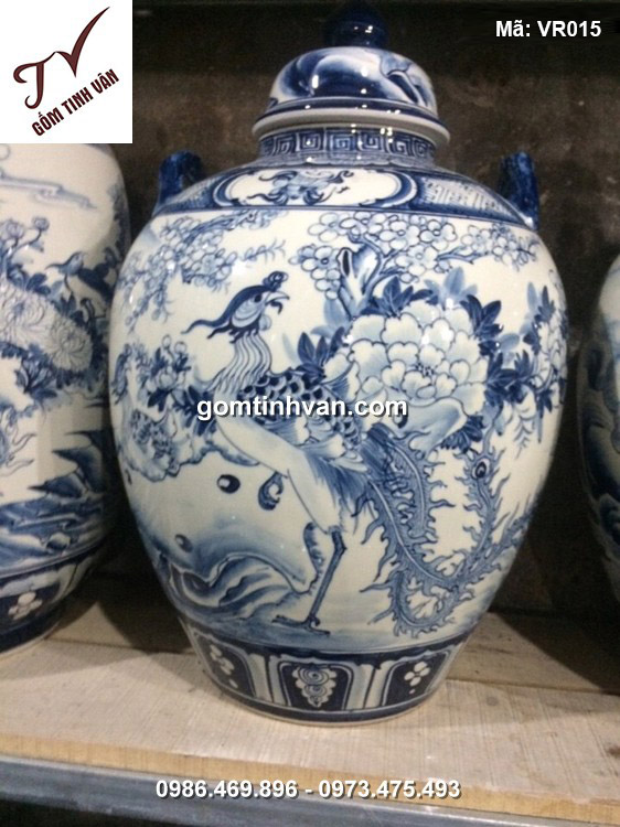 Vò rượu hoa văn vẽ chim trĩ 50 lít  - VR015