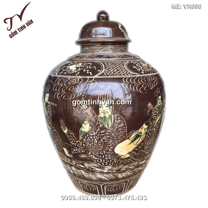 Vò rượu men nâu cảnh bát tiên quá hải 20 lít - VR006