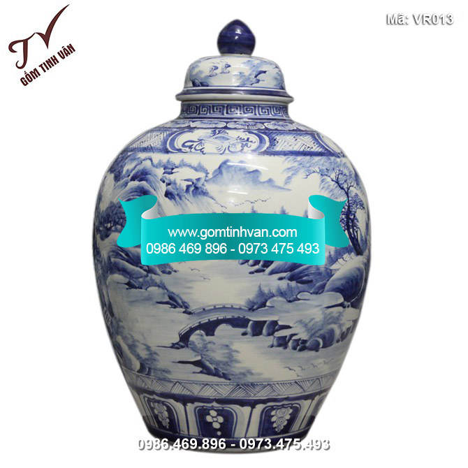 Vò rượu hoa văn vẽ sơn thủy men xanh 50 lít - VR013