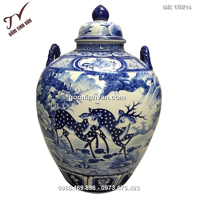 Vò rượu hoa văn vẽ tùng hươu 2 quai 50 lít - VR014