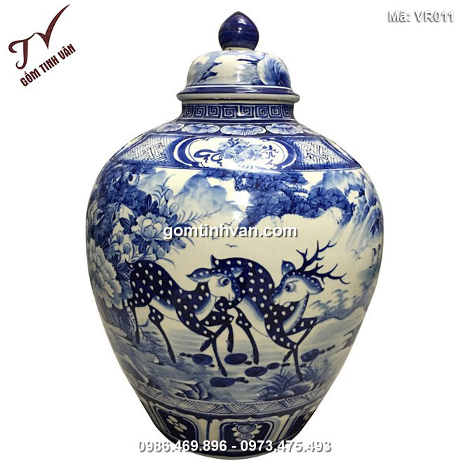 Vò rượu hoa văn vẽ tùng hươu men chàm 60 lít  - VR011