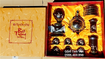 Trọn bộ bình trà gốm tử sa hoa đào, bọc đồng, và bộ phụ kiện, gốm sứ Bát Tràng - Tinh Vân